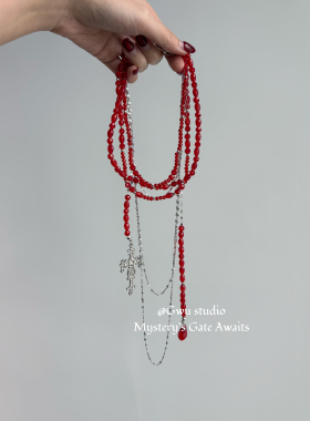 裁决者｜Gwu暗黑哥特风红水晶多层项链 十字架水滴吊坠叠戴颈链