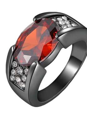 臻荣速卖通热卖镀黑枪色黑金戒指 镶嵌红宝石指环 聚会派对婚戒