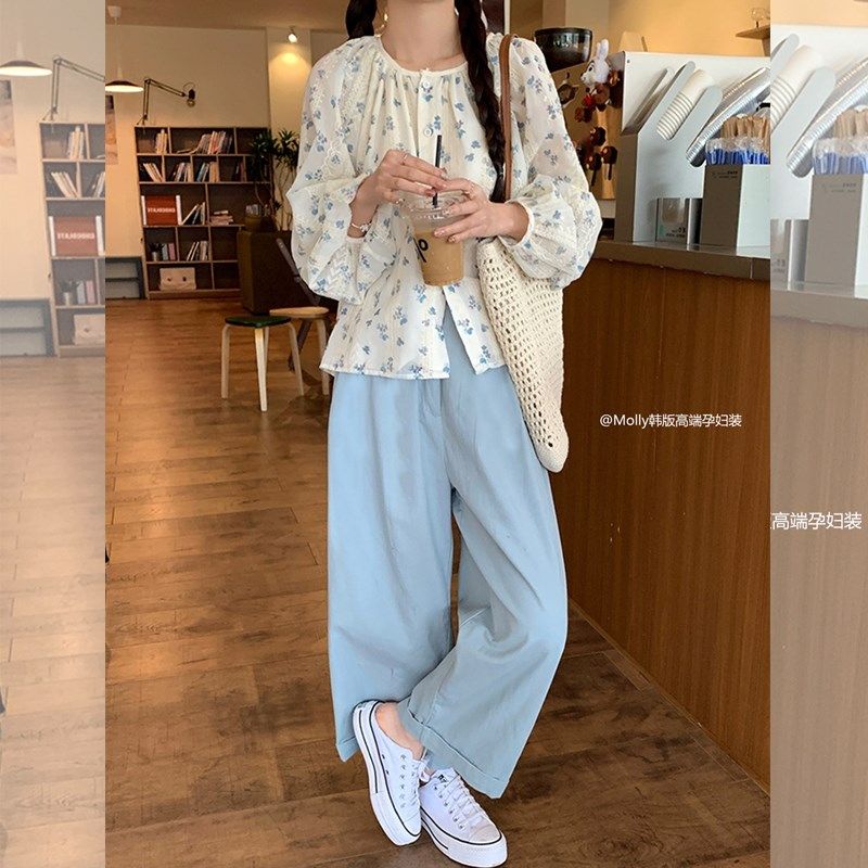 孕妇甜美风套装春季小清新碎花长袖衬衫韩系宽松阔腿休闲卷边长裤,淘宝优惠券,粉丝福利购,淘宝优惠卷