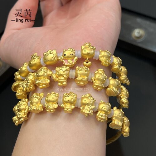 足金999 黄金kt 凯蒂猫 转运珠 手链吊坠 送礼生日 可爱 蝴蝶结 - 图0