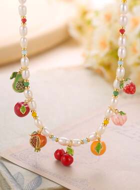 SELENICHAST生日礼物珍珠项链可爱甜美石榴草莓樱桃珐琅水果配饰