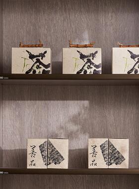 新中式样板间茶室书房茶柜摆件侘寂风高级感茶饼茶叶罐茶叶袋装饰