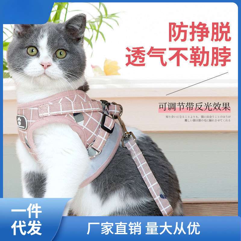 猫咪牵引绳猫背心式防挣脱可调节遛猫绳子可爱幼猫外出胸背带娜幽 - 图0