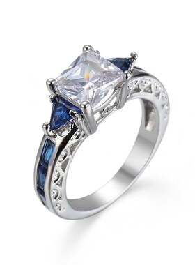 日韩流行时尚 镶宝蓝水晶几何形锆石戒 单身男女潮人气质求婚戒指