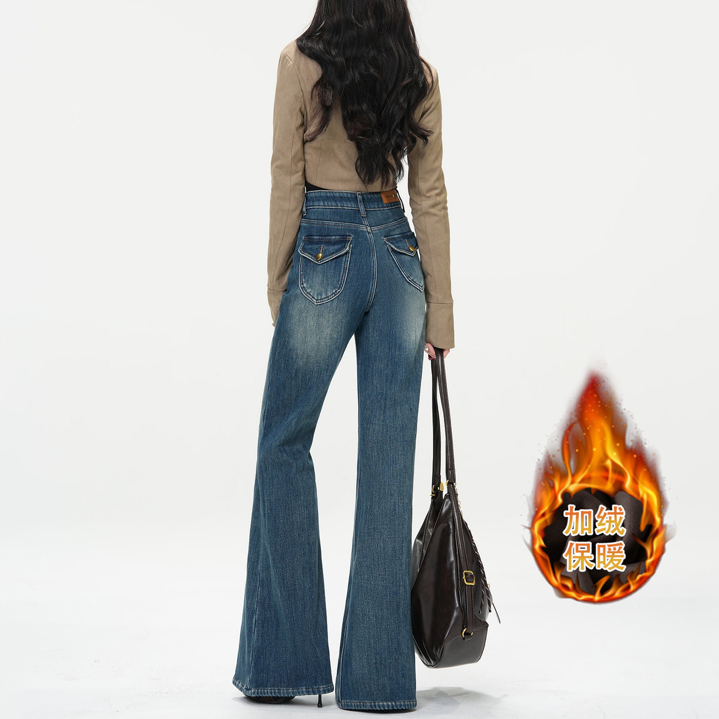 若纤 Pretty Silhouette寒江映月加绒保暖微喇牛仔裤女高腰喇叭裤