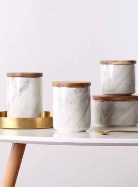 北欧大理石纹密封罐带盖陶瓷储物罐子收纳盒咖啡花茶糖果罐摆件