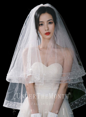 新娘结婚主婚纱头纱白色蓬蓬闪闪珍珠头纱超仙森系网红拍照道具