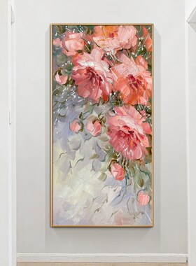 大芬油画村纯手绘牡丹轻奢风现代抽象花卉肌理丙烯玄关装饰画竖版