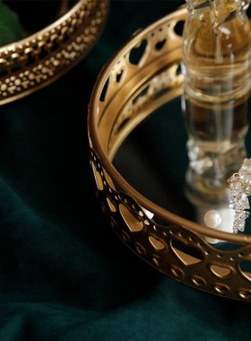 北欧轻奢风金色铁艺玻璃镜面底座托盘卧室桌面首饰盘化妆品收纳盘