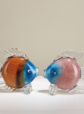 琉璃轻奢亲嘴鱼对嘴鱼动物摆件招财客厅样板房玄关桌面装饰品送礼