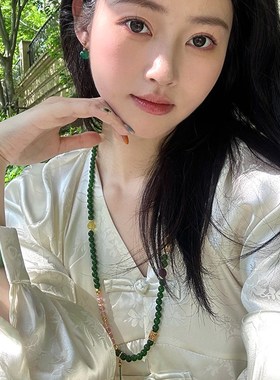 蜜蜂妈手作 新中式碧玉南红蜜蜡朱砂玛瑙串珠项链女长款国风配饰