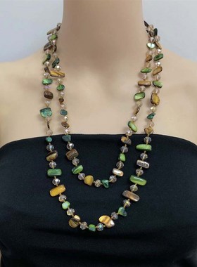中古不规则彩色贝壳项链女波西米亚咖水晶串珠双层项链复古锁骨链