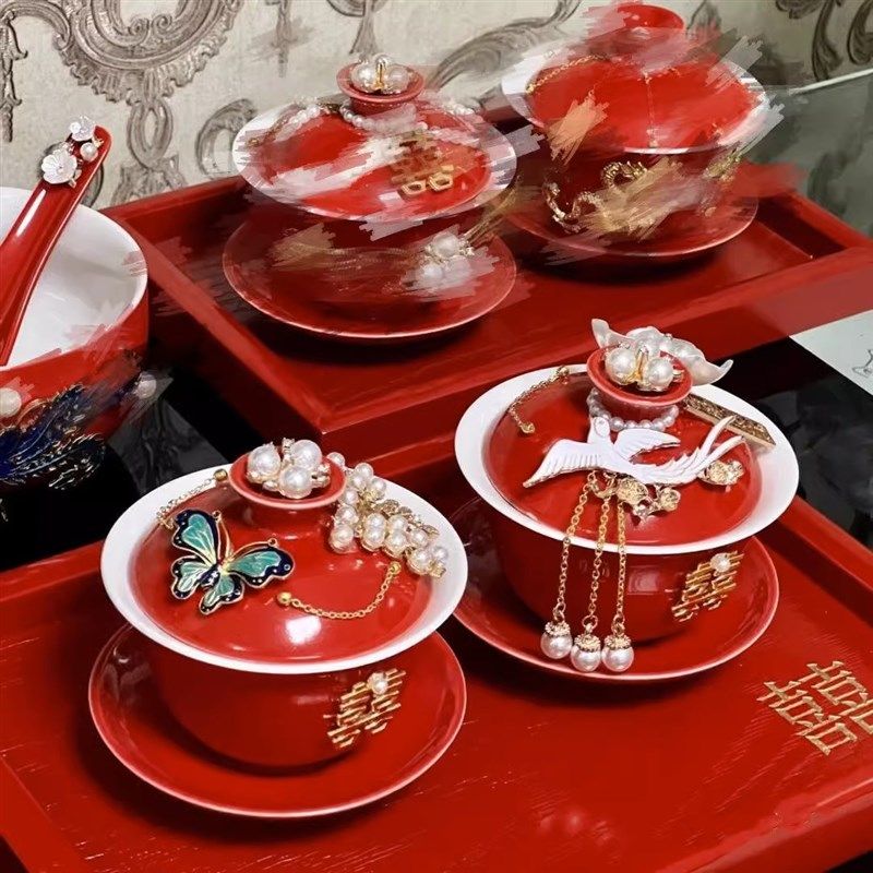 结婚庆用品改口敬茶杯套装一对喜碗杯子婚礼红色茶具敬酒敬茶托盘,淘宝优惠券,粉丝福利购,淘宝优惠卷