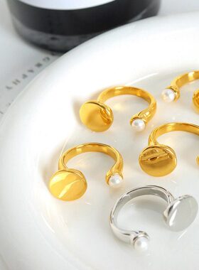 钛钢电镀真金镶嵌淡水珍珠开口几何戒指百搭手饰轻奢时尚小众饰品