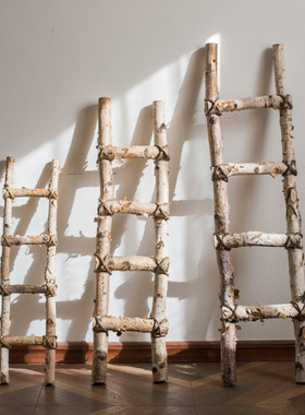 白桦木梯子落地装饰摆o件幼儿园环创花园庭院园艺花艺橱窗拍摄道