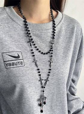 哥特风黑色十字架串珠项链女长款毛衣链小众设计感高级卫衣链配饰
