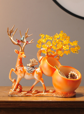 创意鹿收纳放钥匙水晶发财树摆件轻奢玄关客厅鞋柜入户进门装饰品