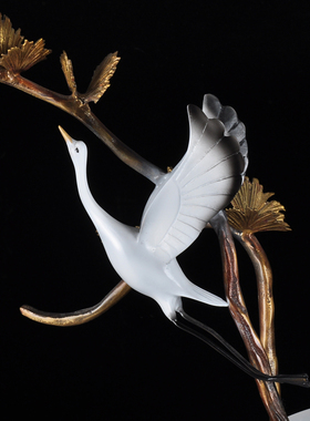 彩铜平安双鹤摆件玉石平安扣黄铜松鹤家居客厅玄关装饰品乔迁礼品