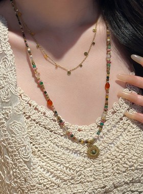 十里剑[红岩画卷]甜美清新的天然石头太阳吊坠串珠项链堆叠毛衣链