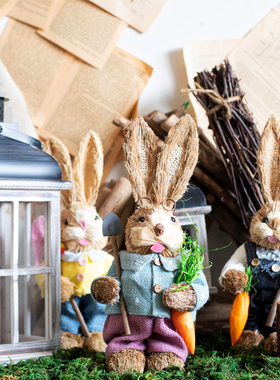 JK慕空间复古可爱草编兔子穿衣服节日居家装饰情侣兔花园阳台摆件