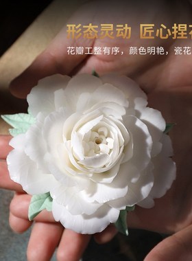 陶瓷虎头茉莉花摆件釉下彩手工捏花新中式办公室茶室书房桌面装饰