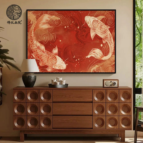 《双生锦鲤》现代中式客厅锦鲤高级感装饰画玄关艺术挂画卧室壁画 - 图2