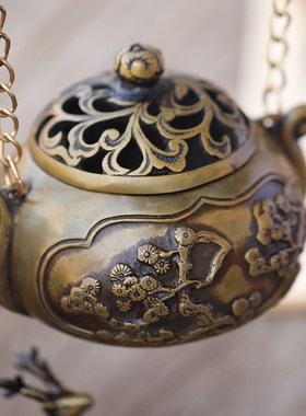 福鹿纯铜香炉摆件中式熏香室内悬挂吊炉檀香炉书房茶室古风装饰品