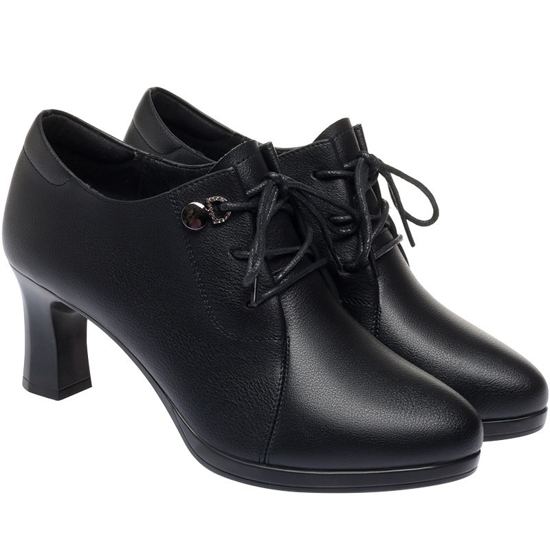 系带高跟鞋真皮深口单鞋女春秋2021年新款女鞋粗跟软底妈妈鞋皮鞋,淘宝优惠券,粉丝福利购,淘宝优惠卷