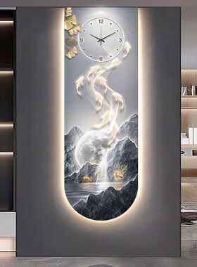 壁灯九鱼图玄关i装饰画LED发光静音钟表入户正对门挂钟客厅灯光画