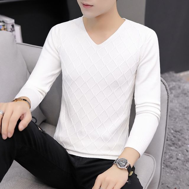 Autumn style men's V-neck sweater thin white slim elastic knitted pullover low-neck wool close-fitting base shirt