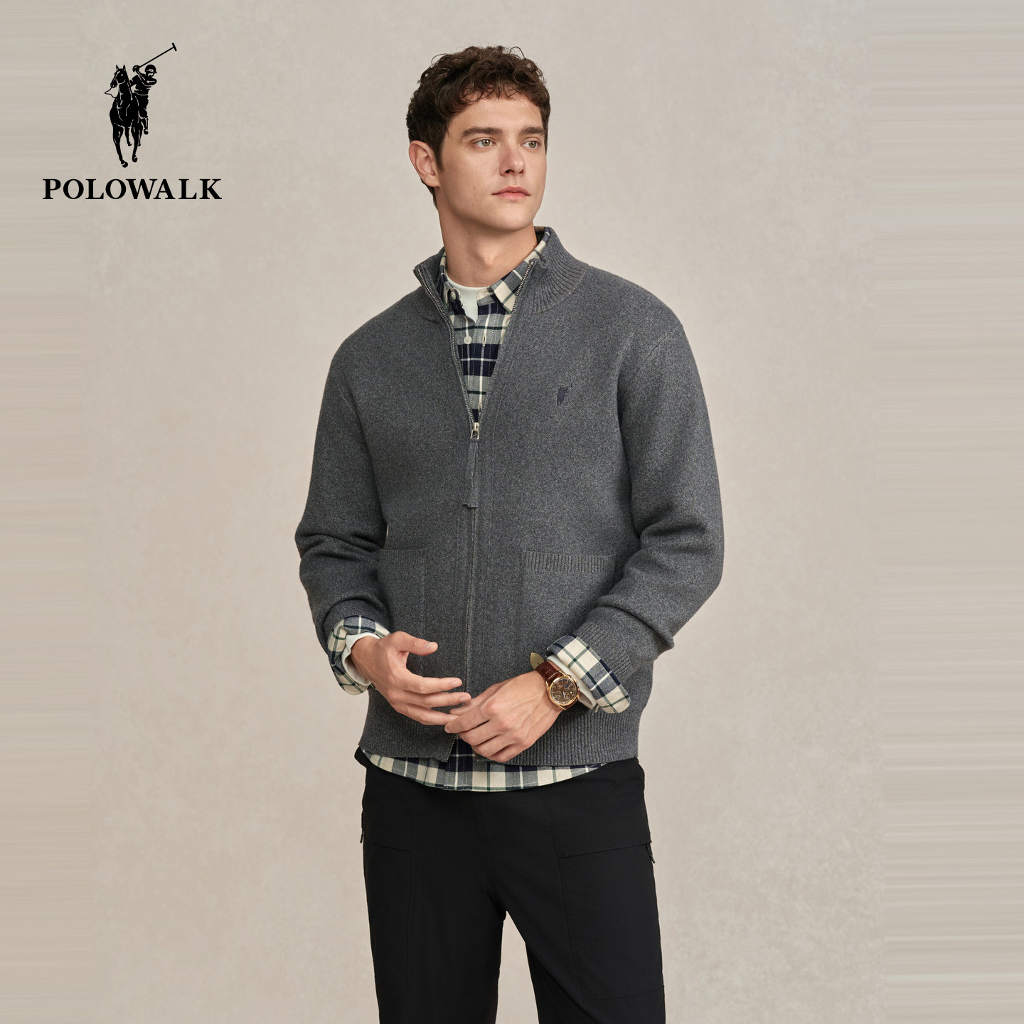 POLOWALK男式针织衫2025秋冬新款加绒外套立领拉链毛衣针织开衫男,淘宝优惠券,粉丝福利购,淘宝优惠卷