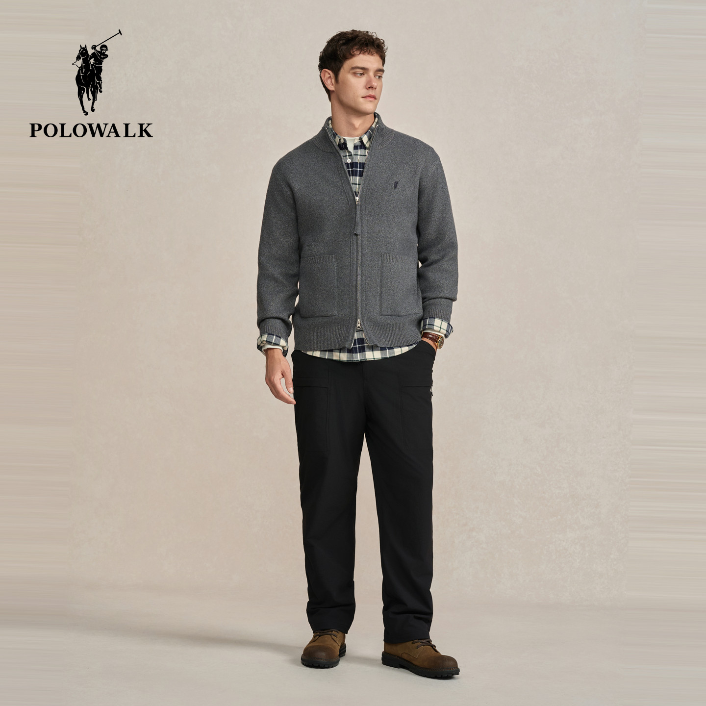 POLOWALK男式针织衫2025秋冬新款加绒外套立领拉链毛衣针织开衫男,淘宝优惠券,粉丝福利购,淘宝优惠卷