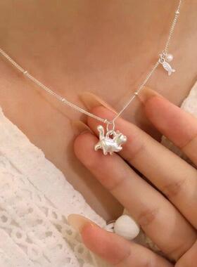 新款小猫吃小鱼珍珠项链女款新中式复古风锁骨链小众礼物直播