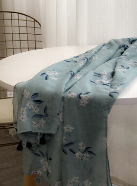 清新浅绿碎花轻薄款纱巾海边x沙滩丝巾女夏季防晒披肩春秋棉纱围