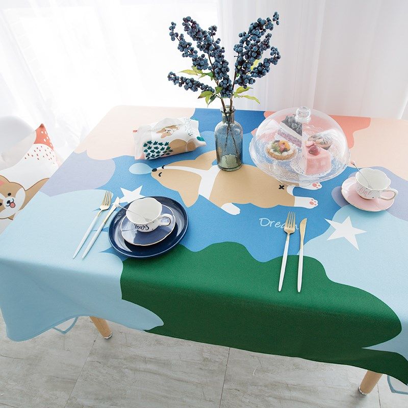 赞屋爱柯基in桌布长方形餐桌布茶几桌布卡通棉麻桌布防水桌布,淘宝优惠券,粉丝福利购,淘宝优惠卷