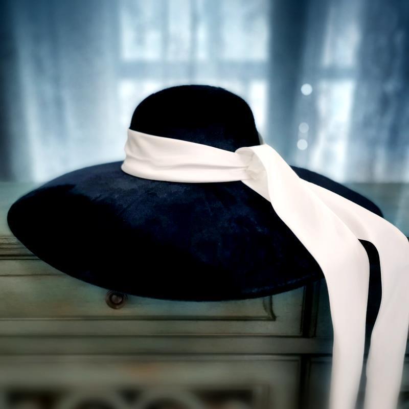 赫本风帽子英伦法式复古优雅极简黑色丝绒缎带大帽檐婚纱礼帽女 - 图2