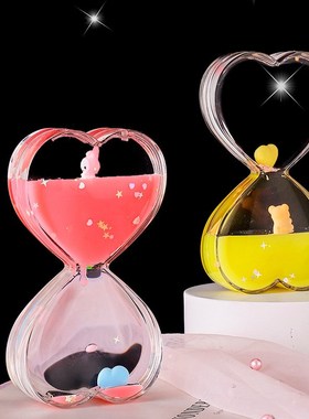 粉嫩治愈系双爱心彩色水液体漂浮卡通小动物油滴沙漏解压摆件礼物