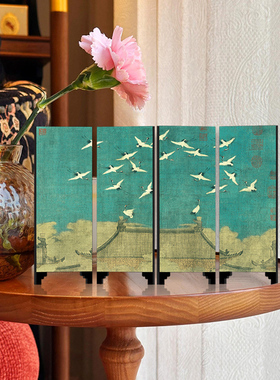 《瑞鹤图》桌面屏风摆件装饰画新中式中古风茶室高级感摆台小摆画