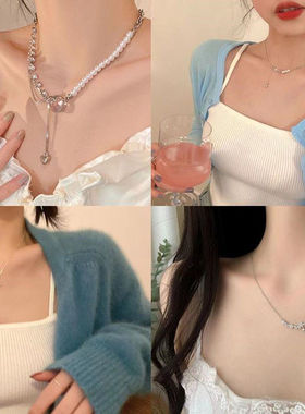 日韩ins新款超仙气质仿珍珠爱心项链 冷淡风甜美简约OT扣锁骨链女
