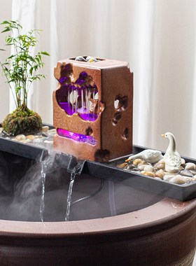 古都陶瓷鱼缸水h缸石槽微景观造景瀑布流水摆件雾化循环水喷泉配