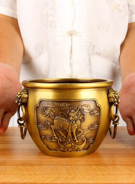雕刻麒麟款铜缸摆件 铜聚宝盆仙鹤款铜缸摆件