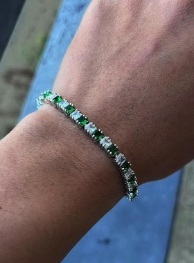 新款爆款hiphop彩色满钻网球手链锆石镶嵌手链男女款奢小众手腕链