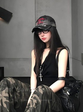 冷淡风金属十字架吊坠项链辣妹黑色编织绳暗黑亚比锁骨链甜酷颈链