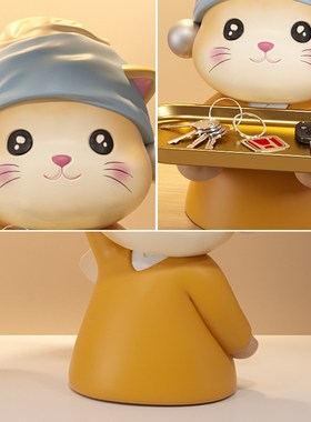 珍珠猫入户门口钥匙收纳托盘玄关摆件鞋柜家居装饰品乔迁新居礼品