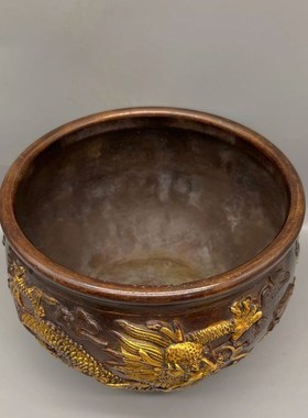 仿古纯铜鎏金双龙戏珠招财缸铜器工艺品家居办公室装饰礼品摆件