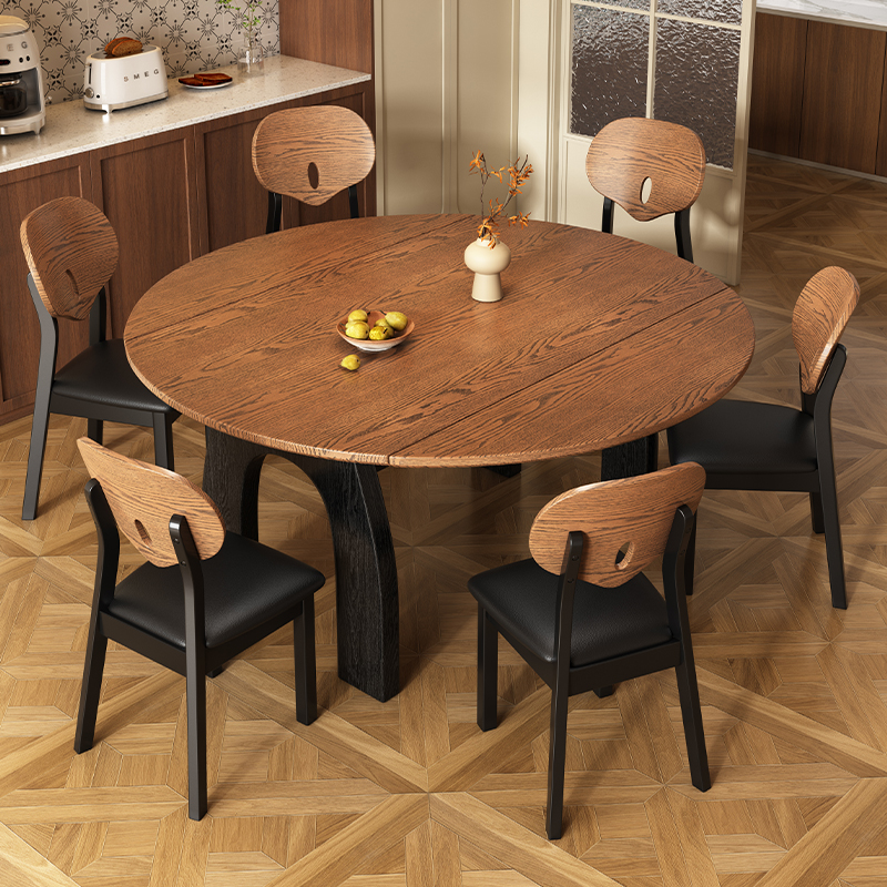 法式实木复古岩板餐桌复古客厅家用小户型伸缩折叠可变圆吃饭桌子 - 图3