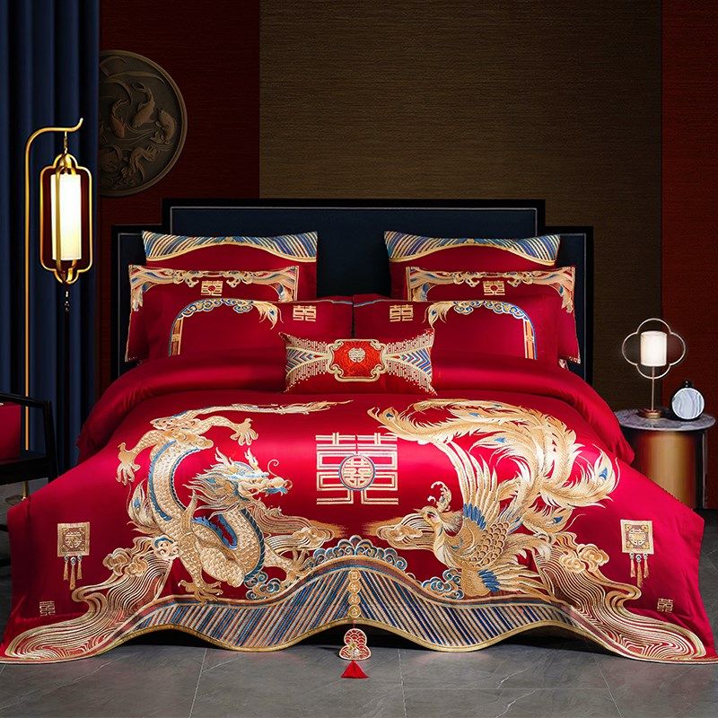 全棉长绒棉婚庆四件套红色结婚婚D嫁喜被龙凤刺绣新婚床品套件,淘宝优惠券,粉丝福利购,淘宝优惠卷