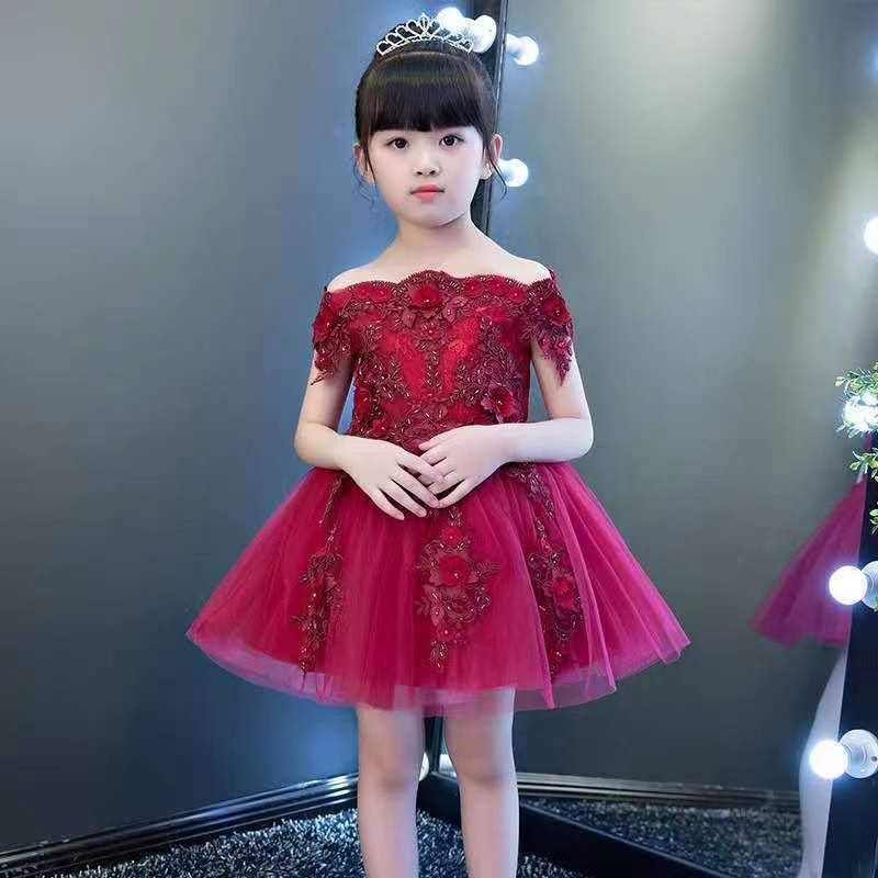 公主裙女童婚纱女孩红色一字肩长裙儿童主持人钢琴演出服花童礼,淘宝优惠券,粉丝福利购,淘宝优惠卷