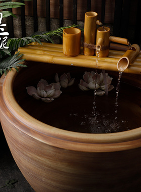 陶瓷粗陶手工大圆坛特大水缸棕木纹纹理线条鱼缸落地摆件庭院园林