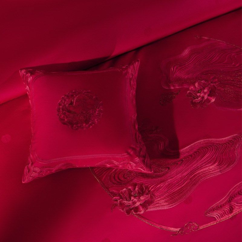 大红色结婚四件套九喜狐家纺备婚床上用品新房布置酒红色被套喜被,淘宝优惠券,粉丝福利购,淘宝优惠卷